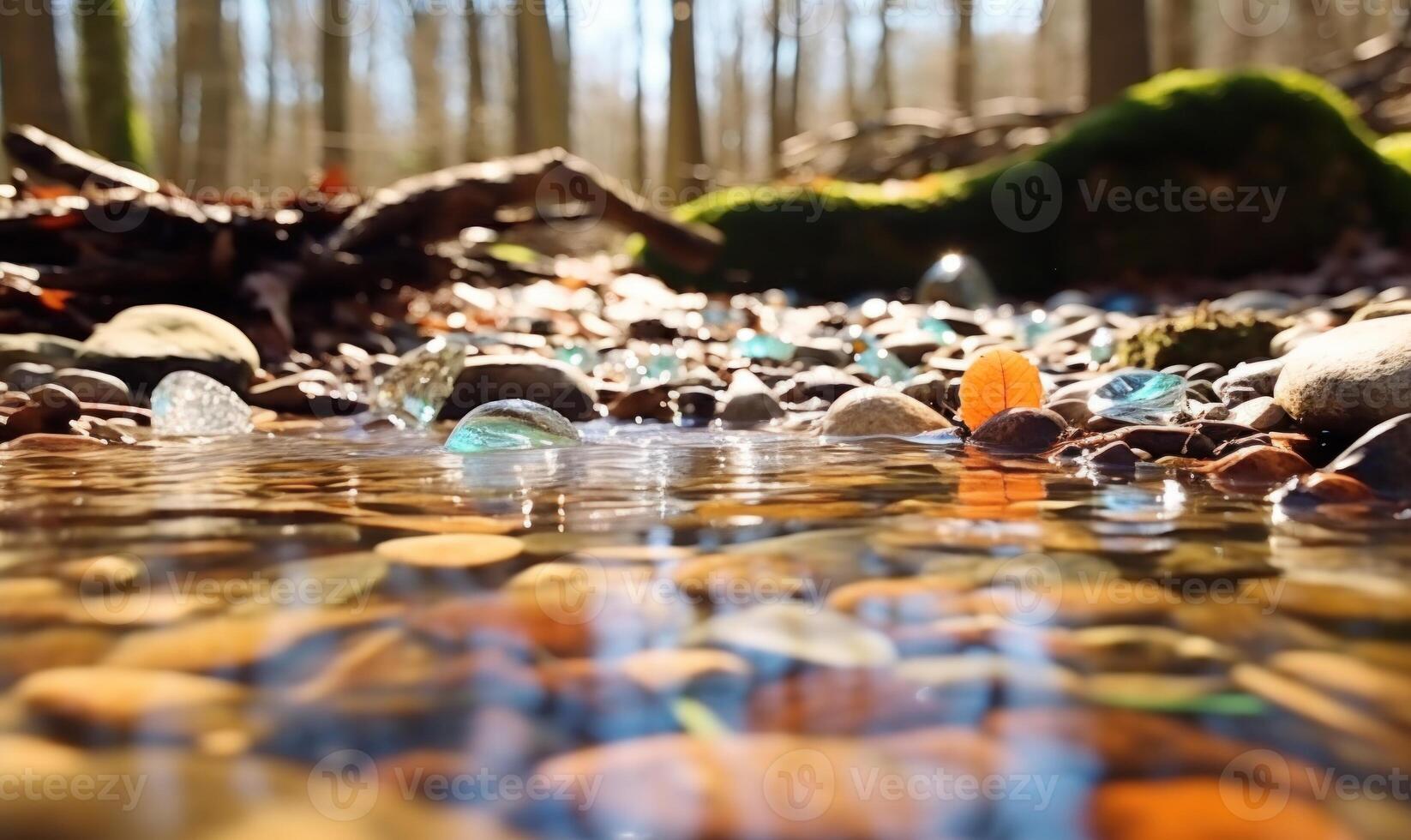 AI generated Frozen water in the forest with ice cubes and pebbles. Early spring landscape photo