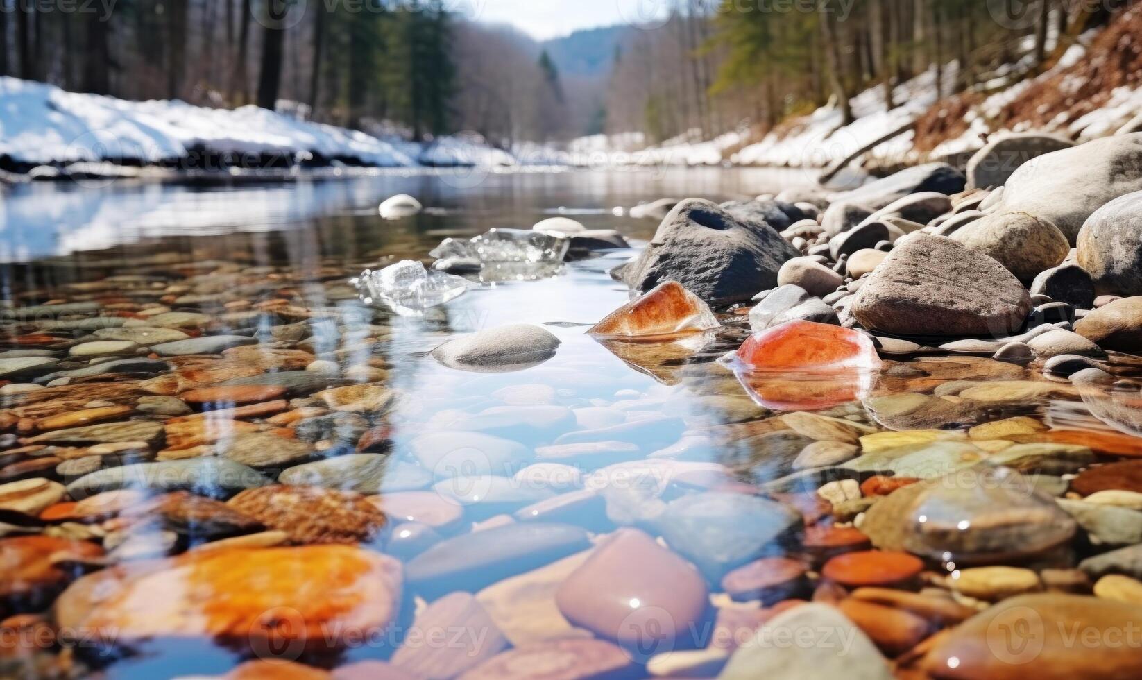 AI generated Fallen leaves in the ice on the river in the winter forest photo