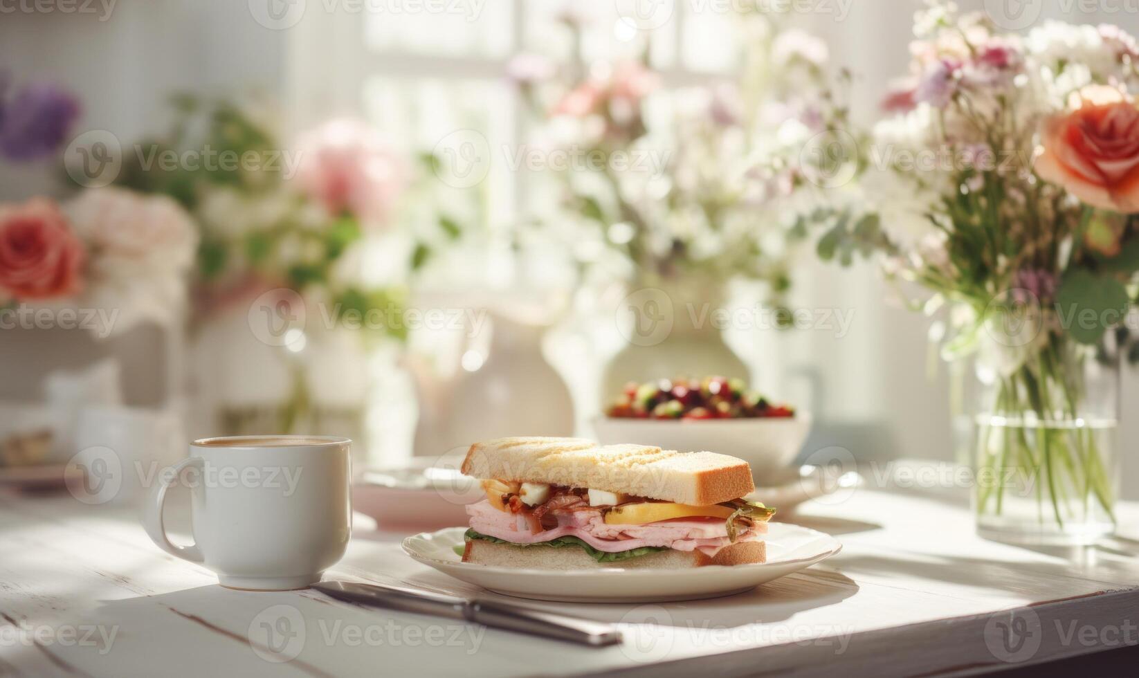 AI generated Cup of coffee and bouquet of spring flowers on the table photo
