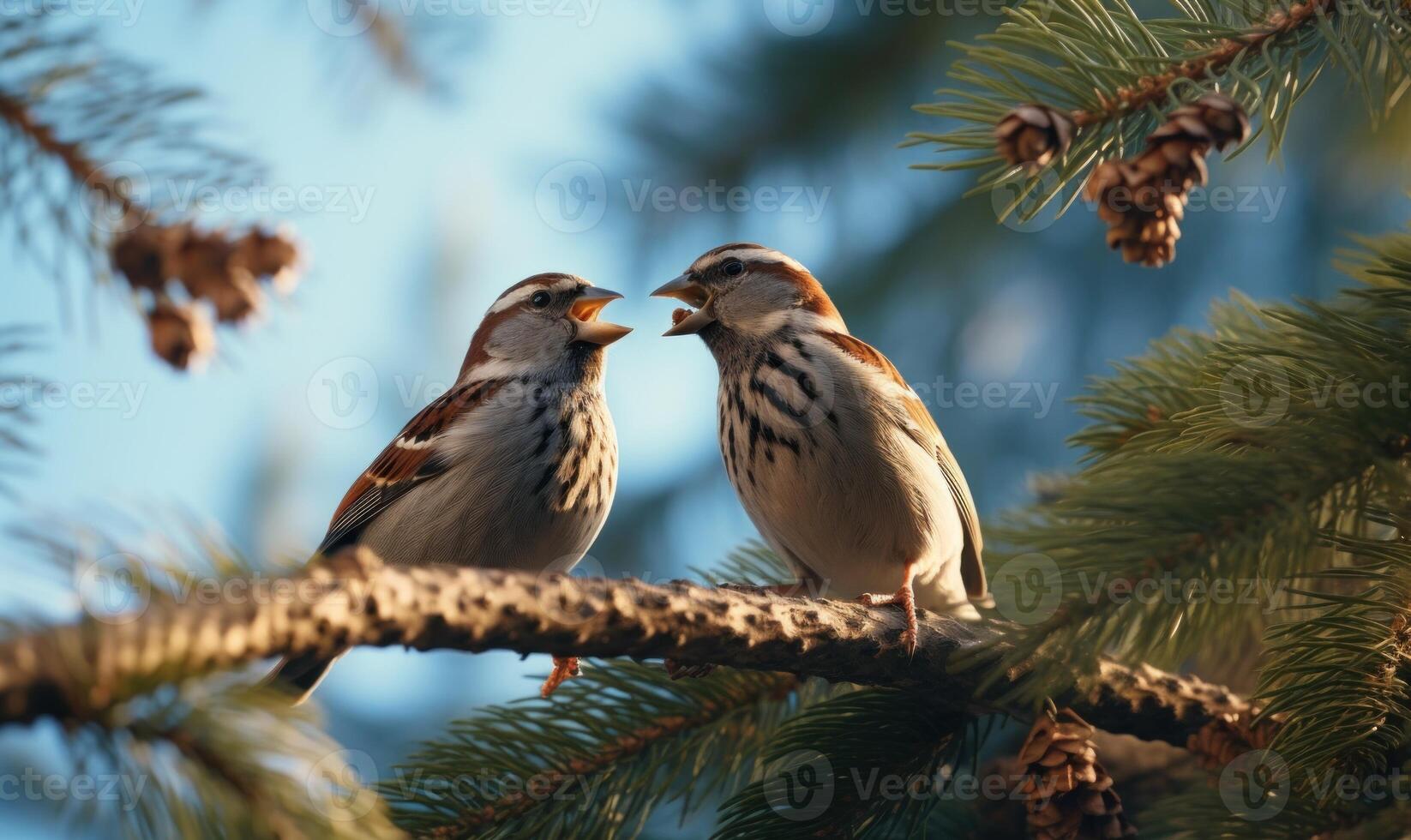 AI generated sparrows sitting on the spruce branch photo