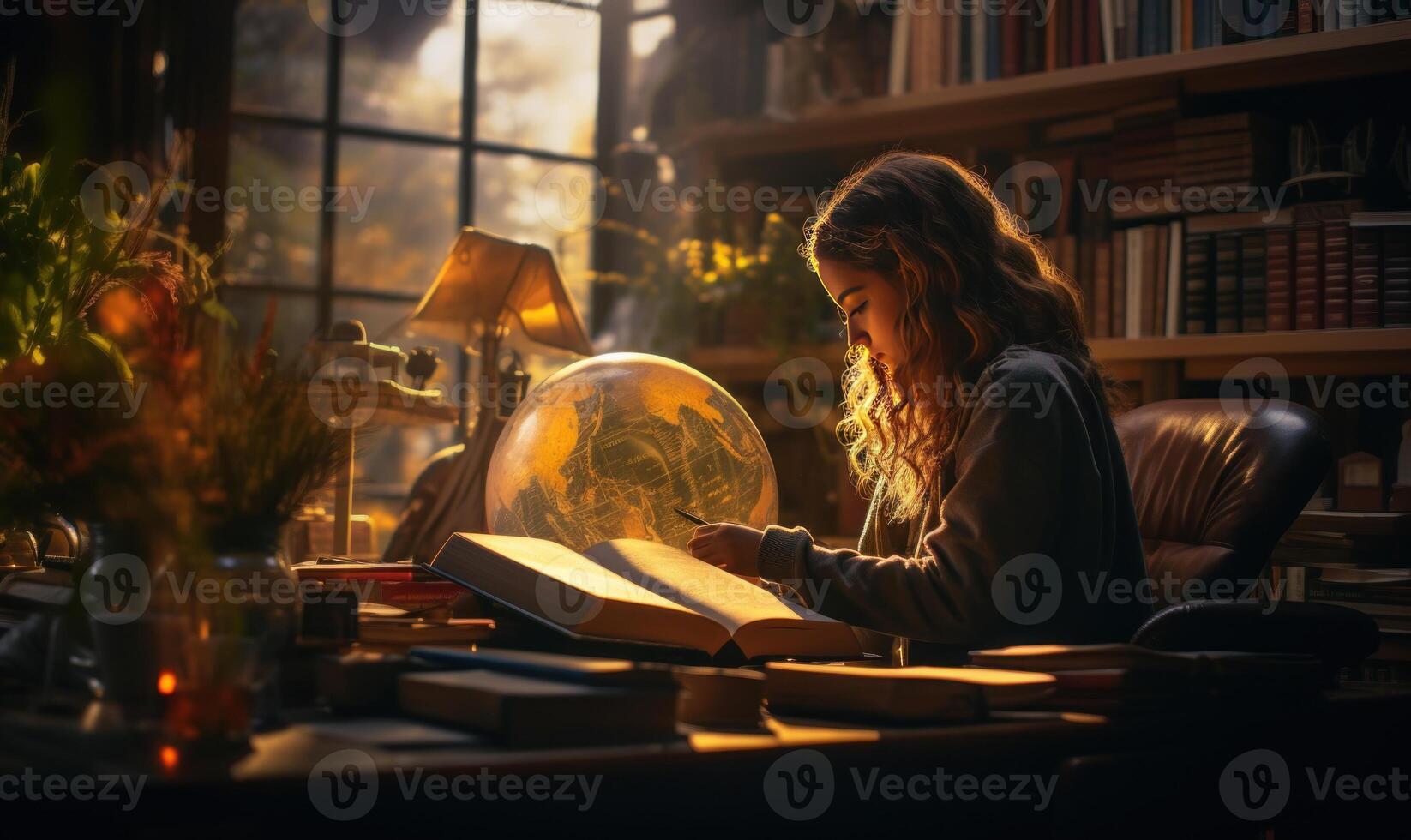 AI generated Young woman sitting in a library and reading a book with a globe photo