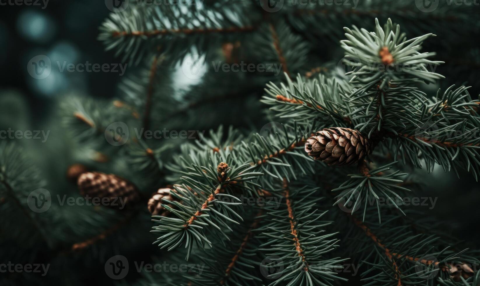 AI generated Spruce branches with cones and red berries. Blurred background. photo