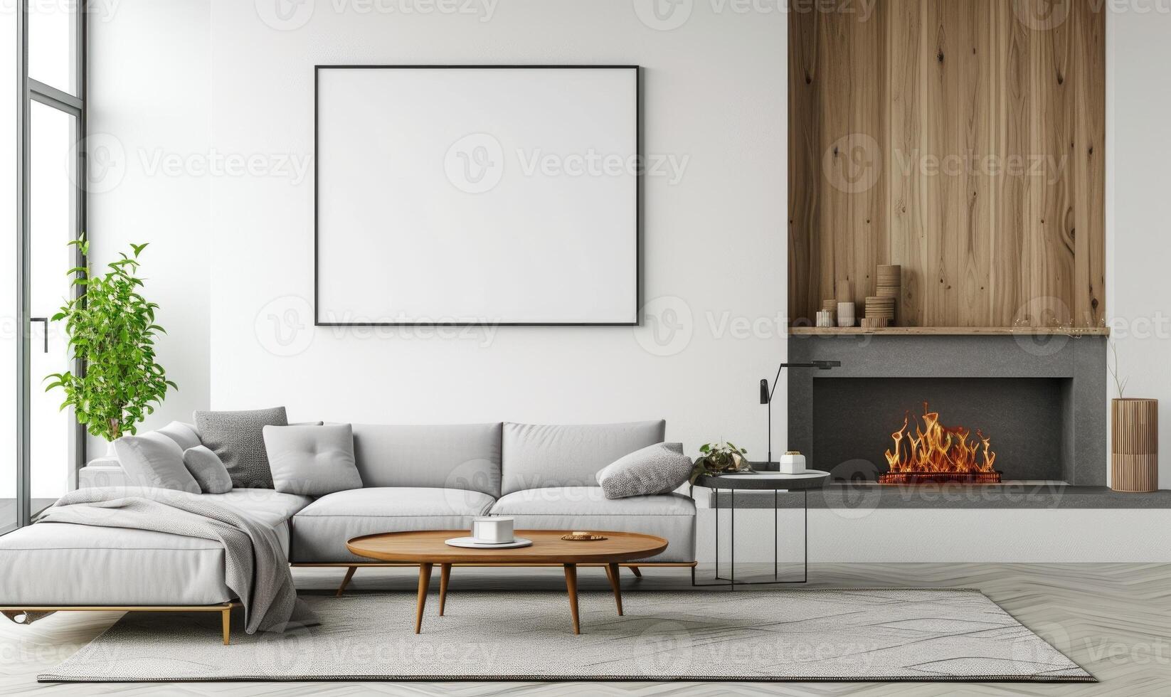 AI generated Interior of modern living room with white walls, concrete floor, comfortable sofa with cushions, coffee table and mock up poster frame photo