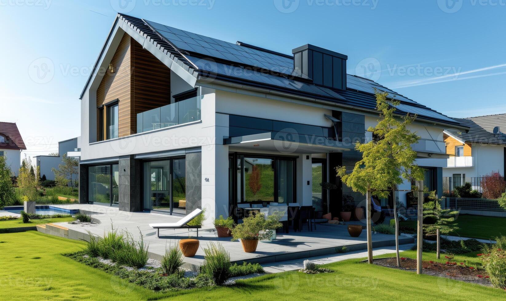 AI generated Modern house with solar panels installed on the roof. Modern house with solar panels installed on the roof. photo