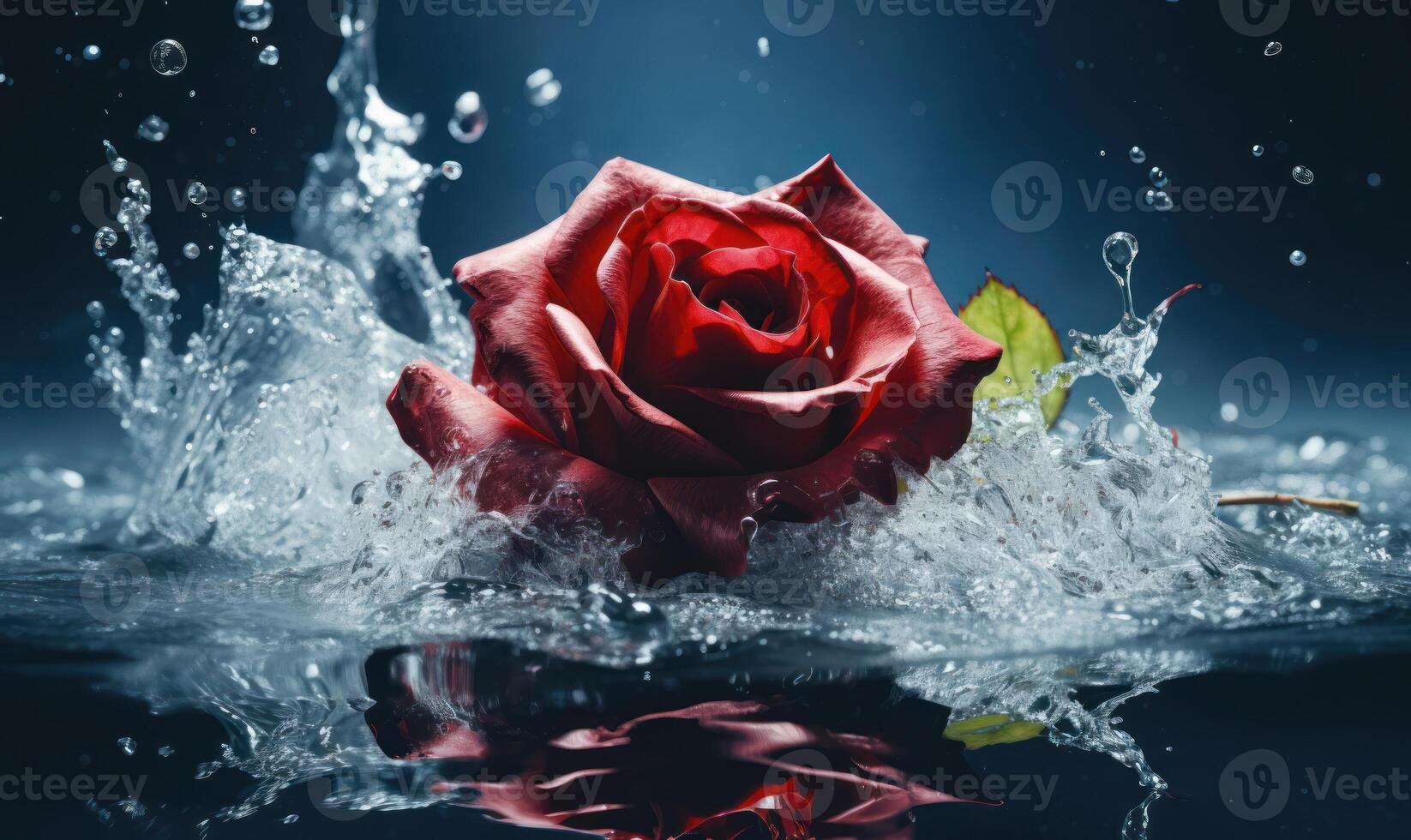 AI generated Beautiful red rose with water drops on a dark blue background. photo