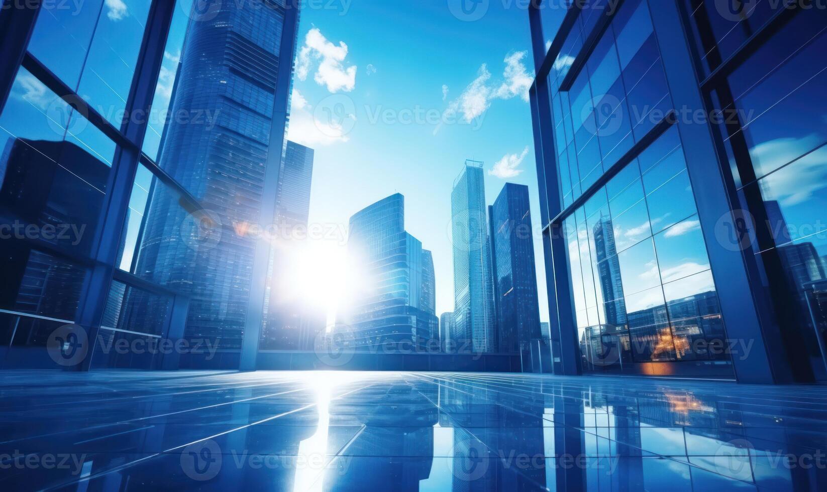 AI generated skyscrapers reflected on water surface and stormy sky photo