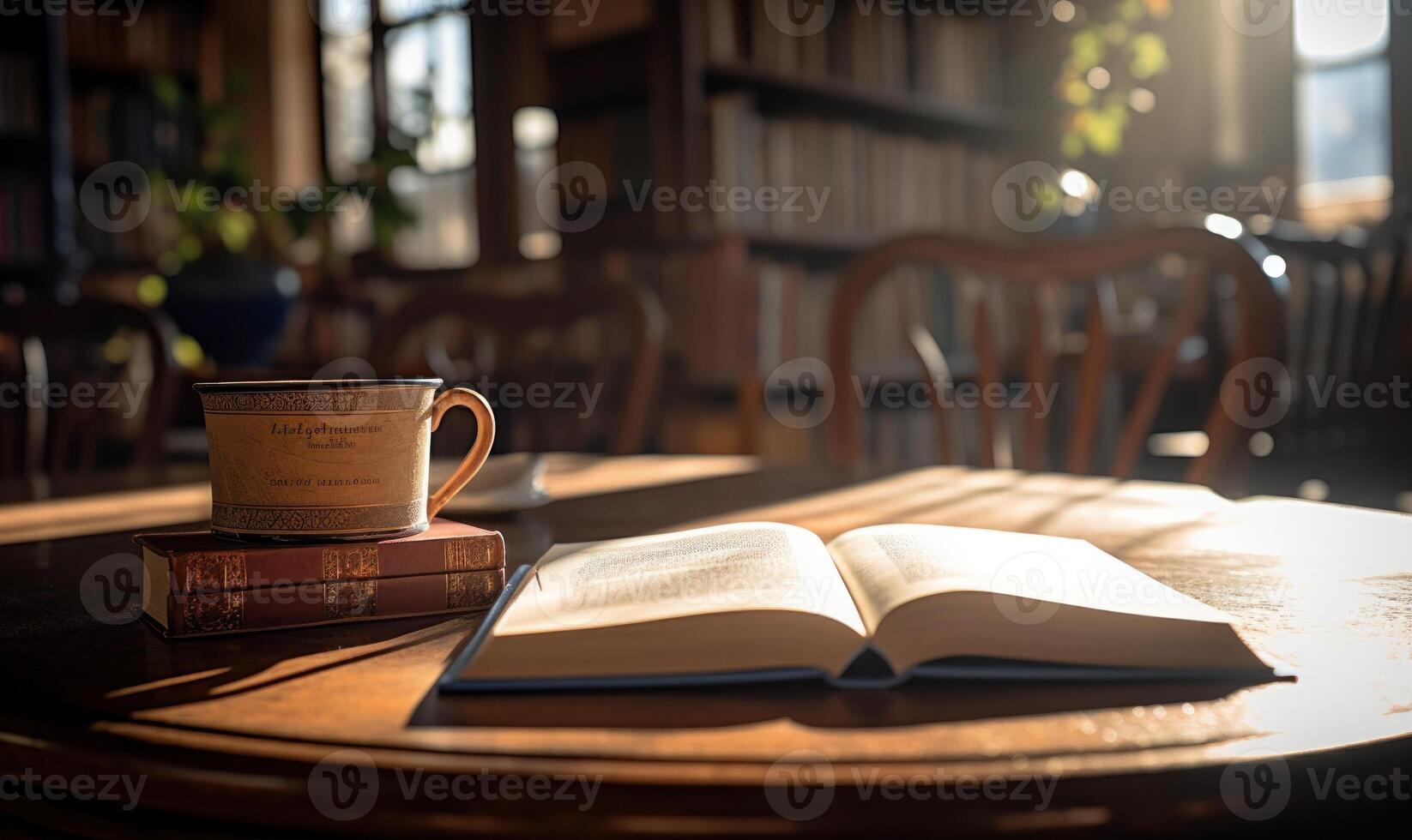 ai generado abierto libro en un de madera mesa en un biblioteca. selectivo enfocar. foto