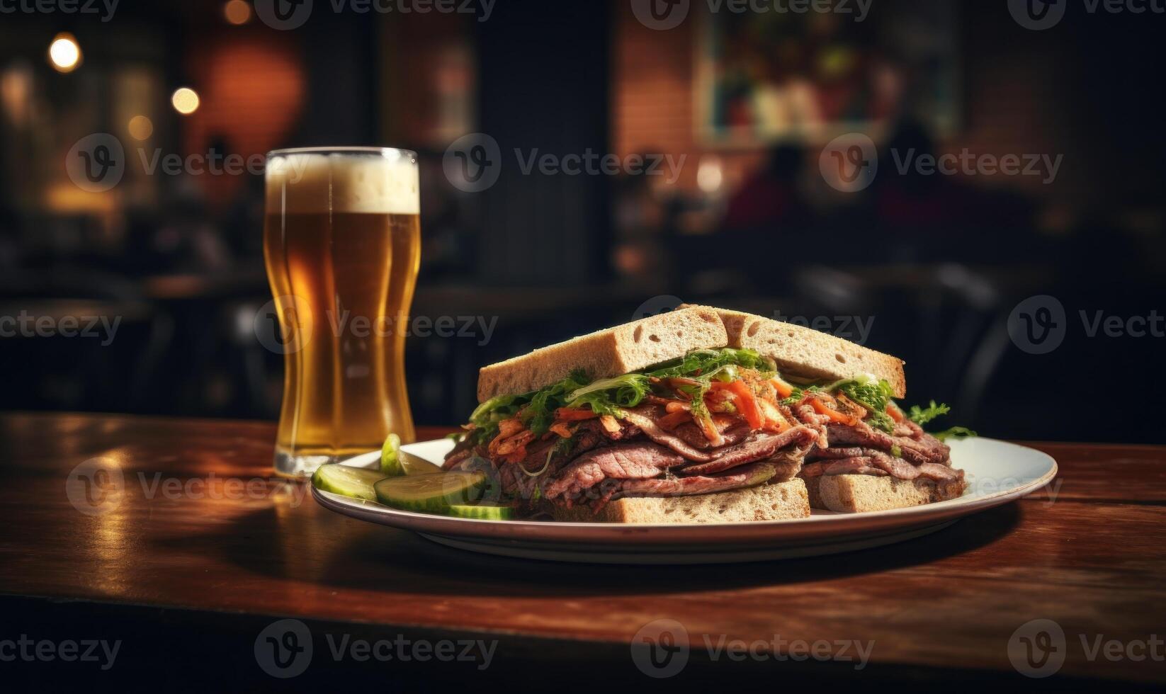 ai generado un hamburguesa y un vaso de cerveza en un de madera mesa en un pub foto