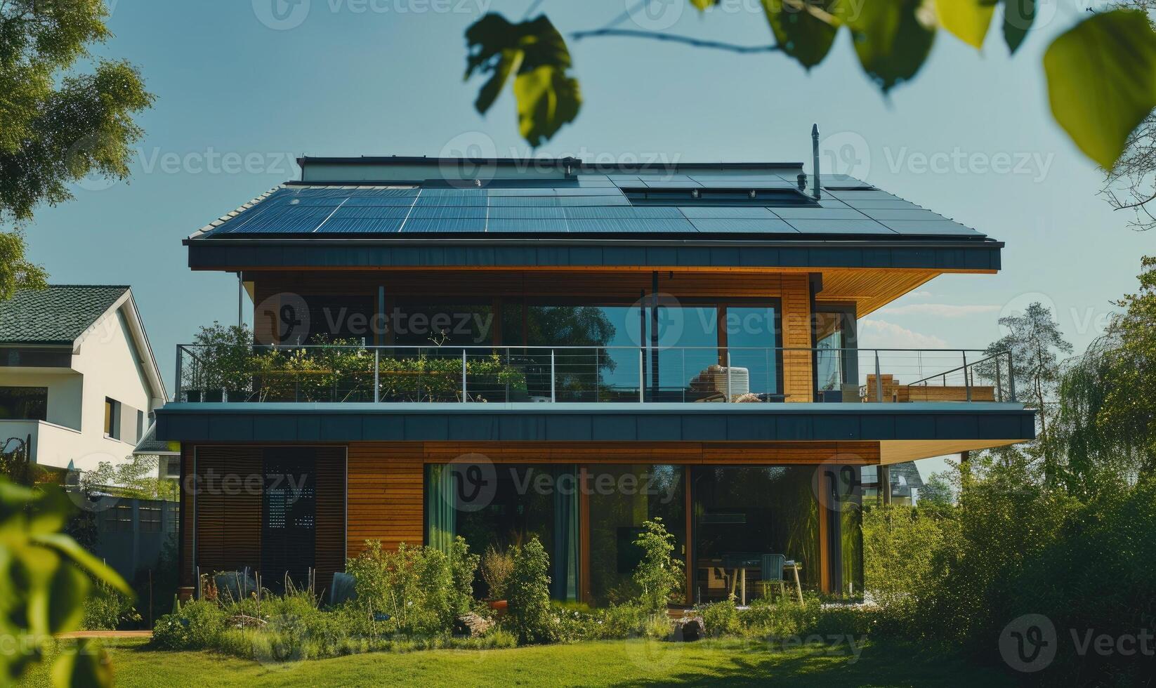 AI generated Modern house with solar panels installed on the roof. Modern house with solar panels installed on the roof. photo