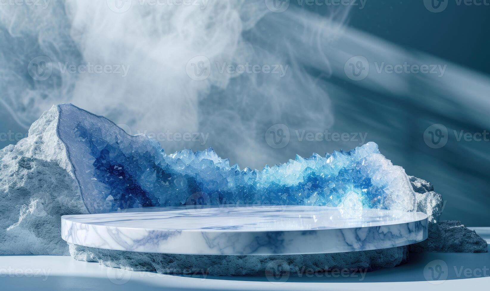 AI generated Abstract scene with blue marble podium and smoke. White marble podium and blue geode textured background photo
