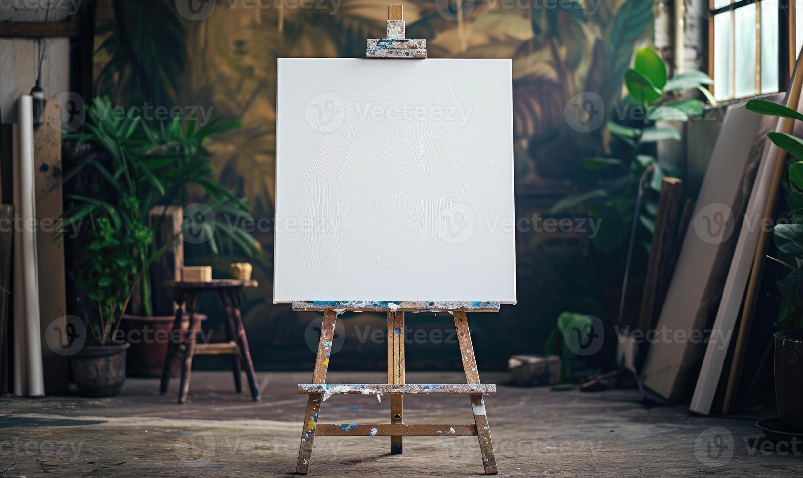 AI generated An easel with a blank white canvas in an art studio photo