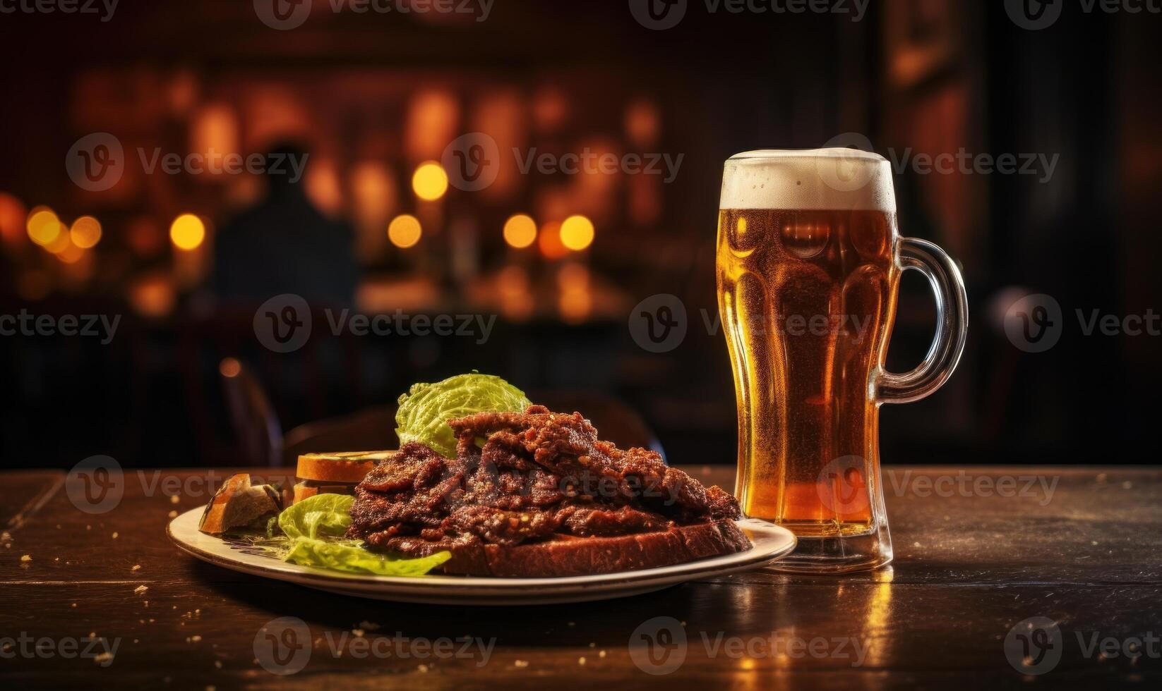 ai generado un hamburguesa y un vaso de cerveza en un de madera mesa en un pub foto