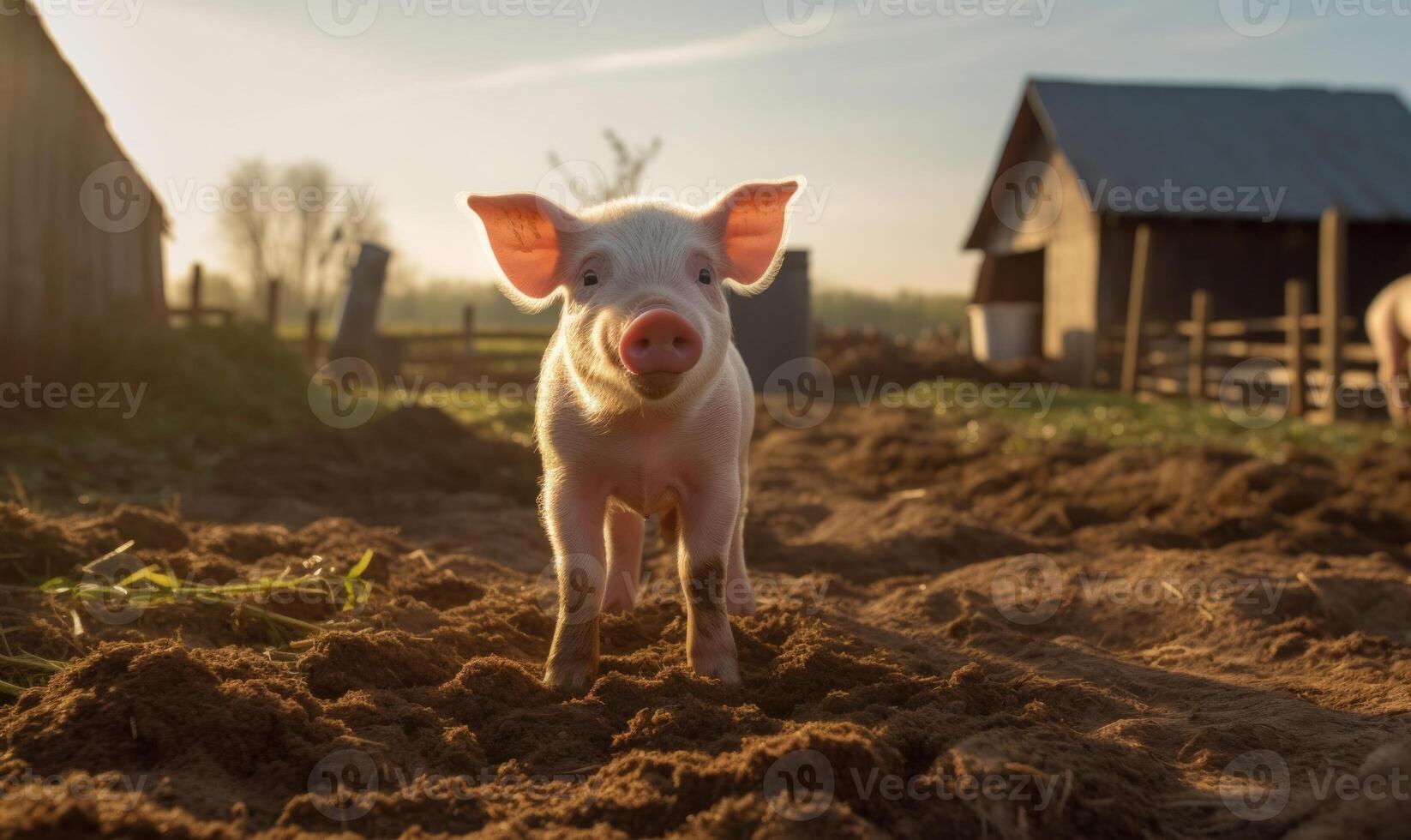 AI generated Pig in the village at sunset. Piggy on the field. photo