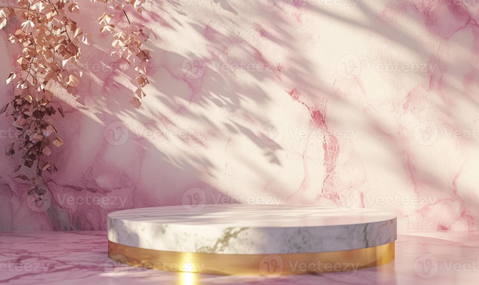 AI generated Pink marble podium with shadow of leaves and rose quartz texture background photo