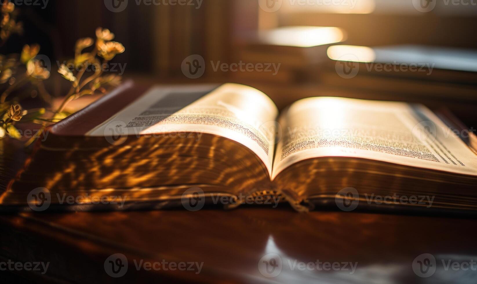 AI generated Open book on a wooden table, lit by the rays of the sun photo