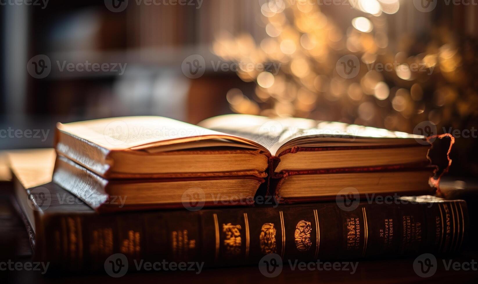 AI generated Open book on a wooden table, lit by the rays of the sun photo