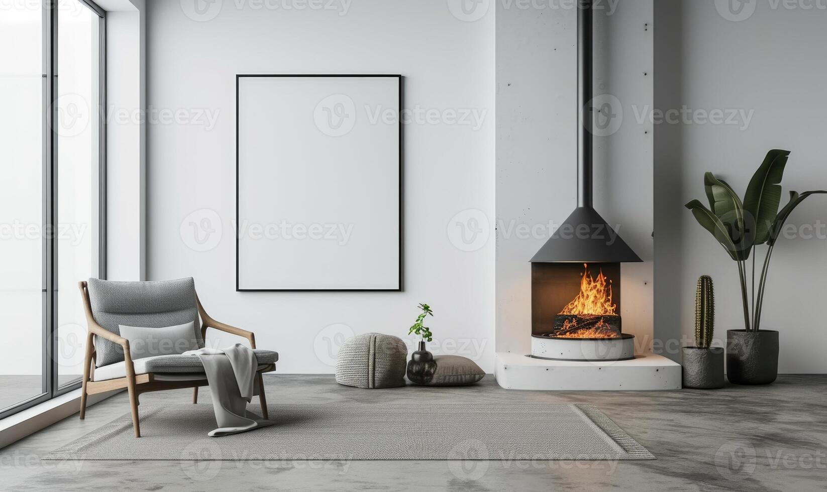 AI generated Interior of modern living room with white walls, concrete floor, comfortable sofa with cushions, coffee table and mock up poster frame photo