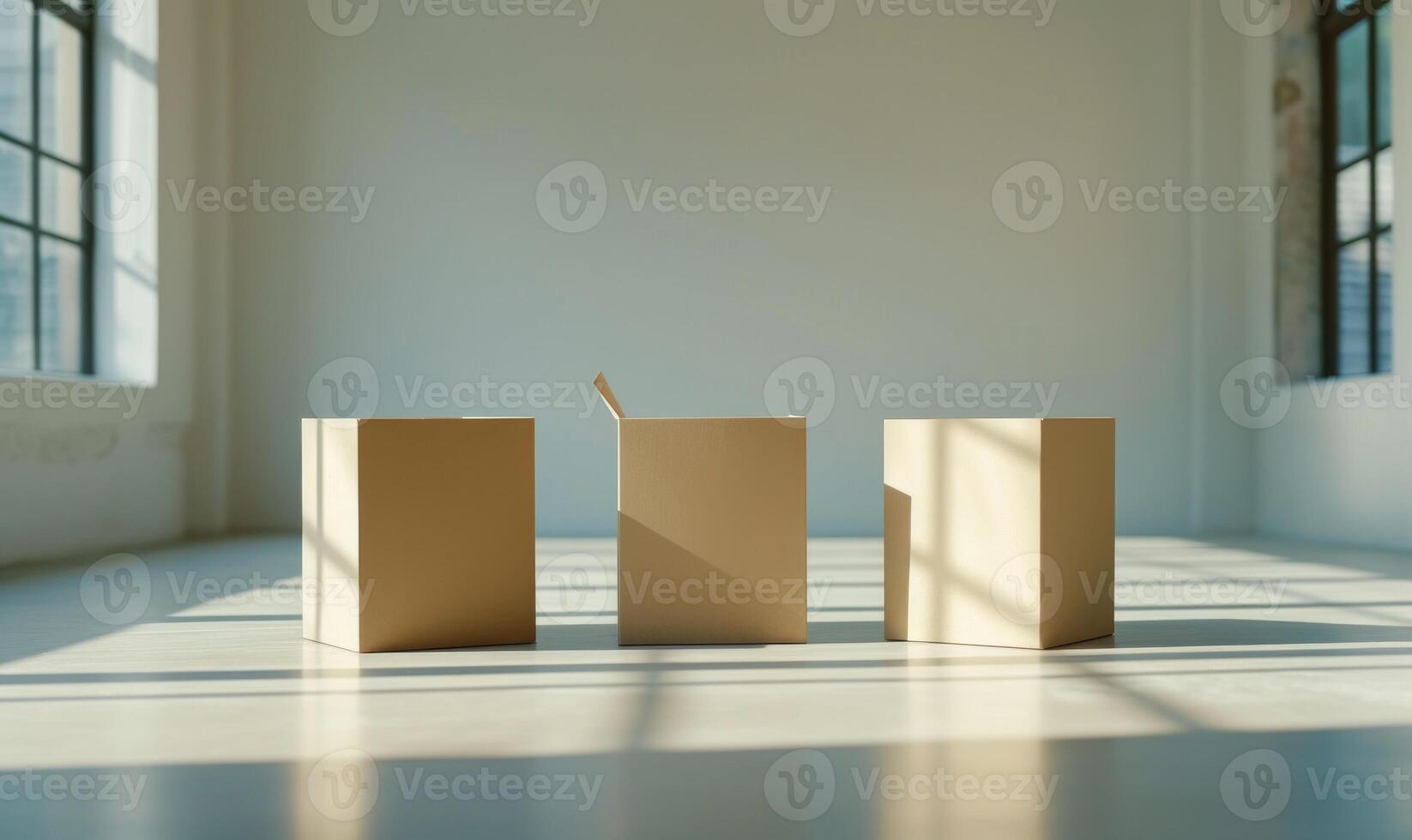 AI generated Cardboard boxes on the floor in modern room. Mockup. Delivery concept background. photo