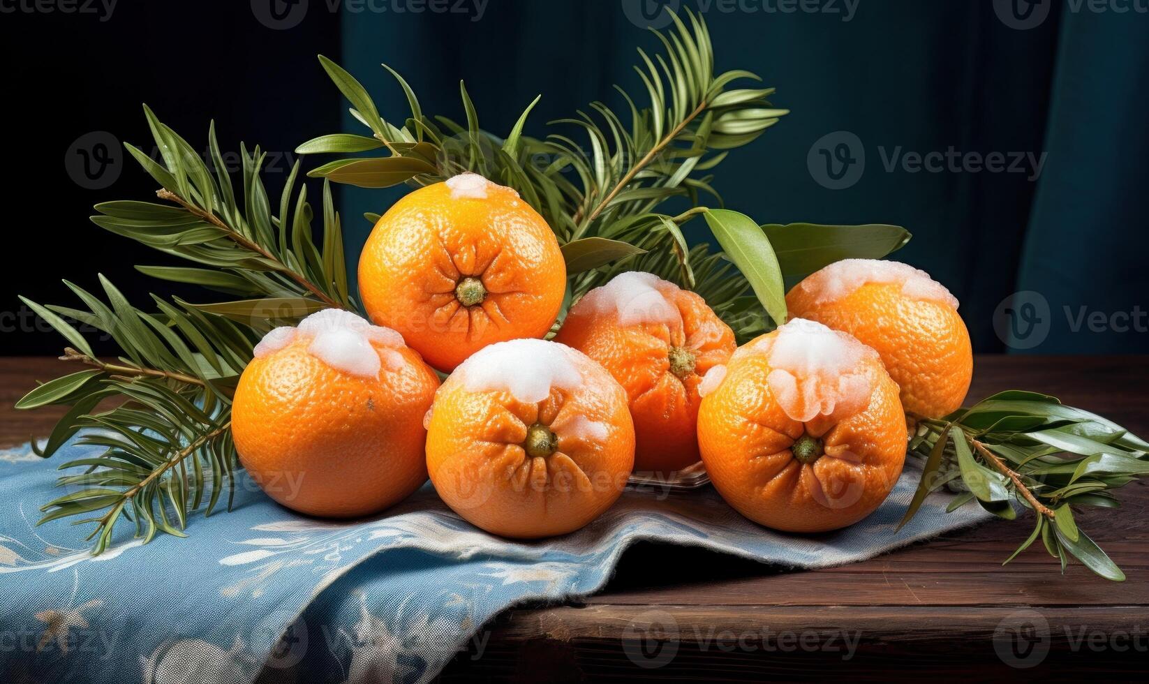 AI generated Christmas still life with tangerines and fir branches on dark background photo