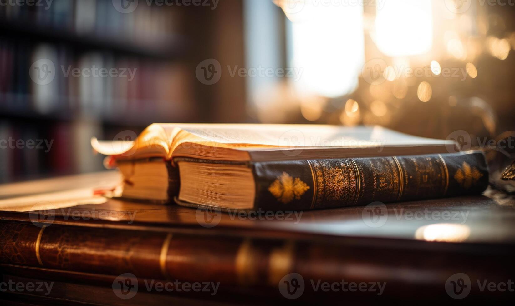 ai generado abierto libro en un de madera mesa, iluminado por el rayos de el Dom foto