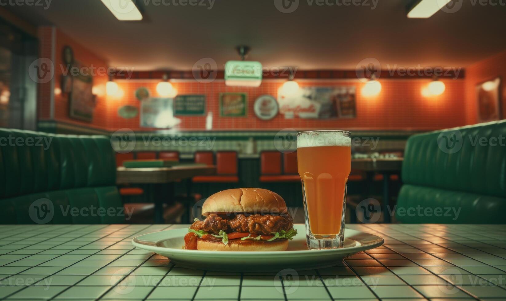 AI generated Beef burger with french fries and a glass of beer in a pub photo