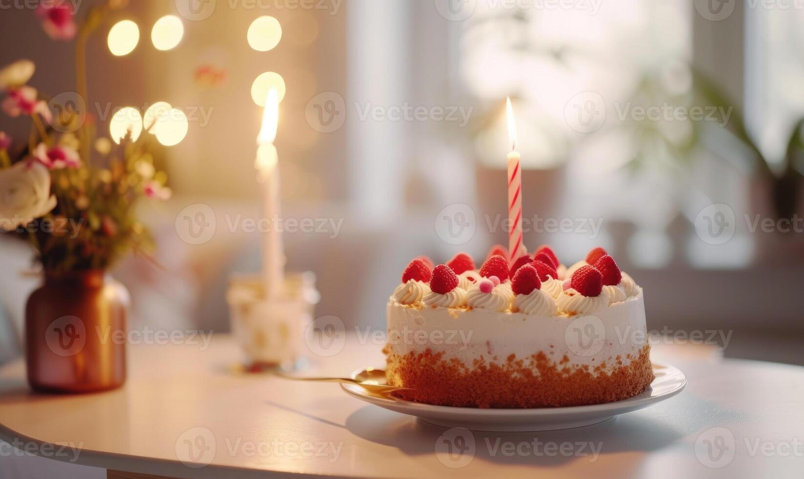 AI generated Birthday cake with burning candle on table in room, closeup photo