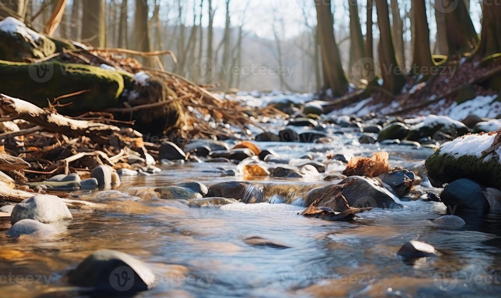 AI generated Fallen leaves in the ice on the river in the winter forest photo