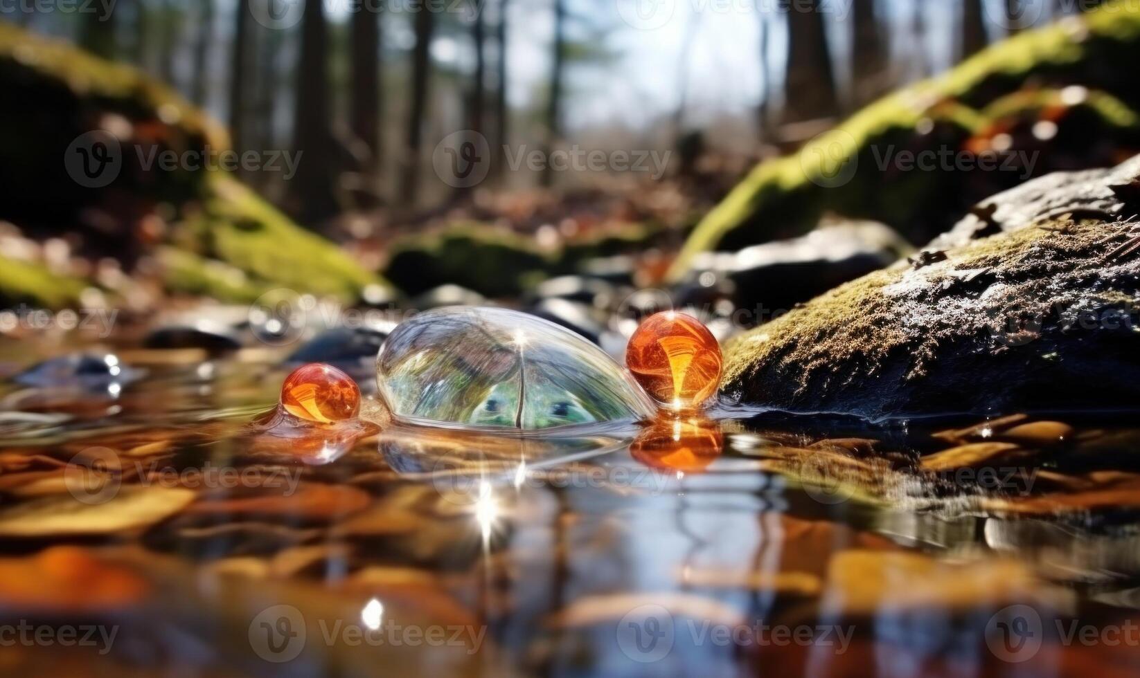 AI generated Frozen water in the forest with ice cubes and pebbles. Early spring landscape photo