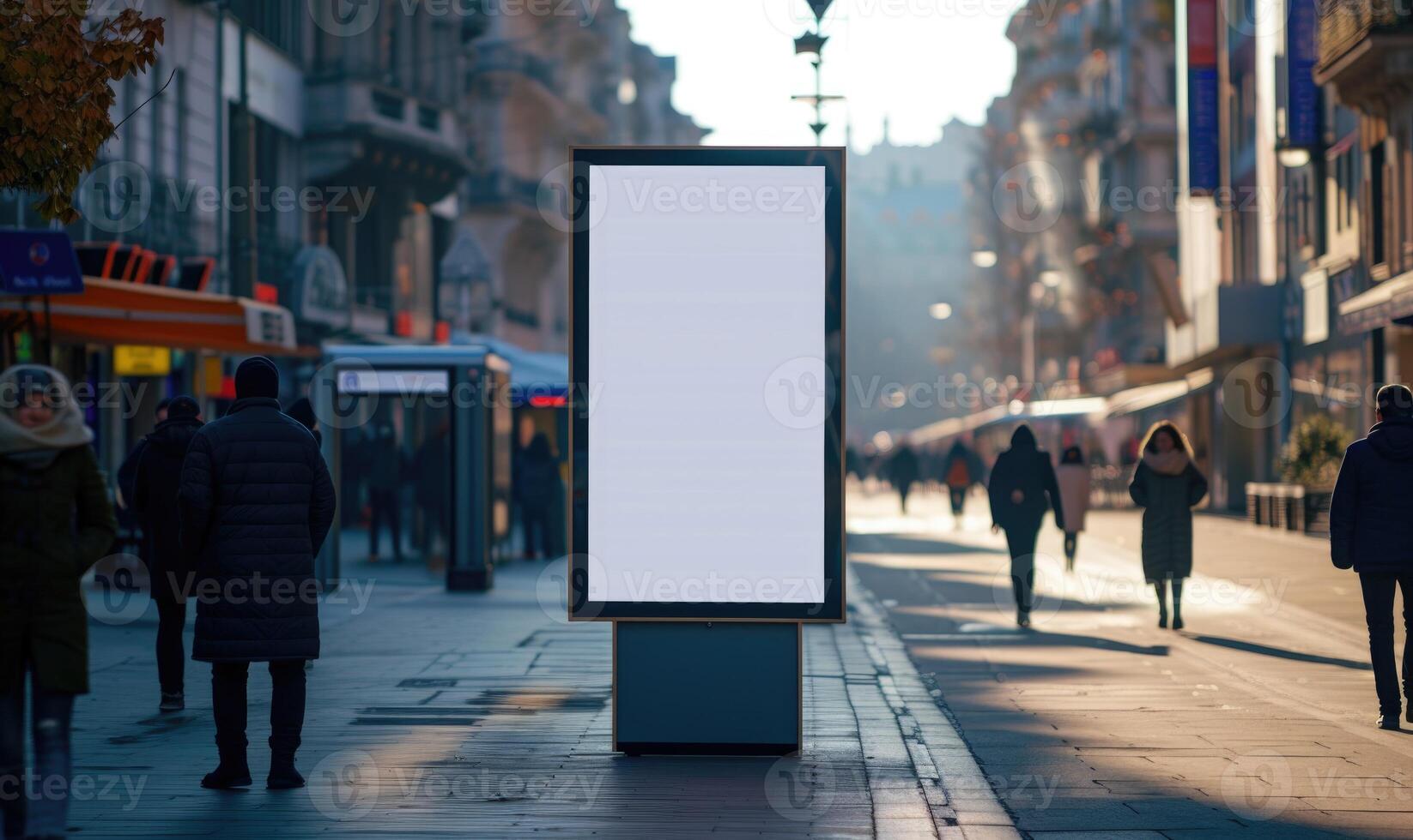 AI generated Blank street billboard on city street. Mock up of vertical advertising stand in the street photo