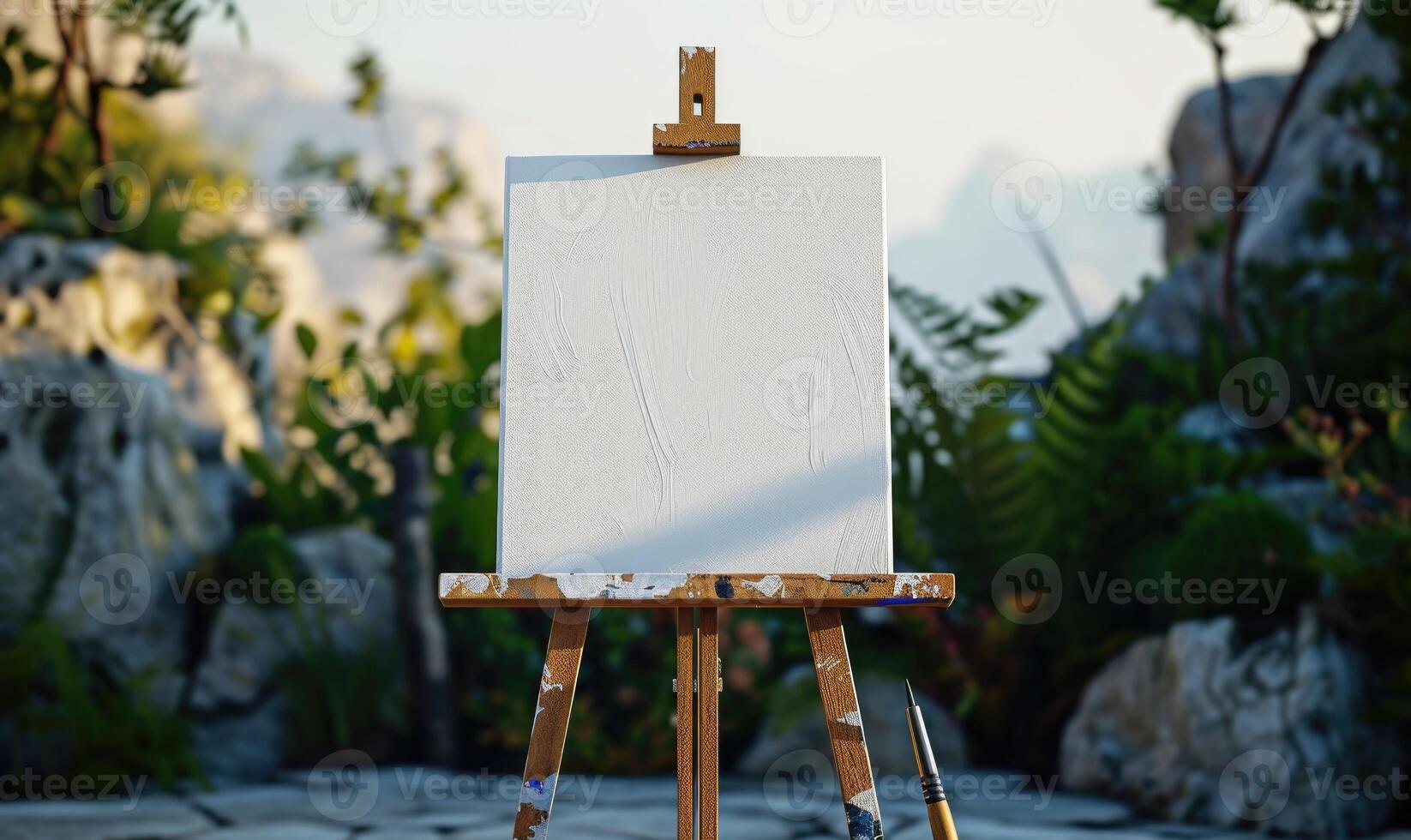 AI generated Wooden easel with blank canvas on nature background. photo