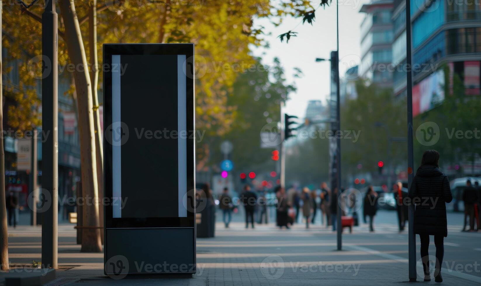 AI generated Blank street billboard on city street. Mock up of vertical advertising stand in the street photo