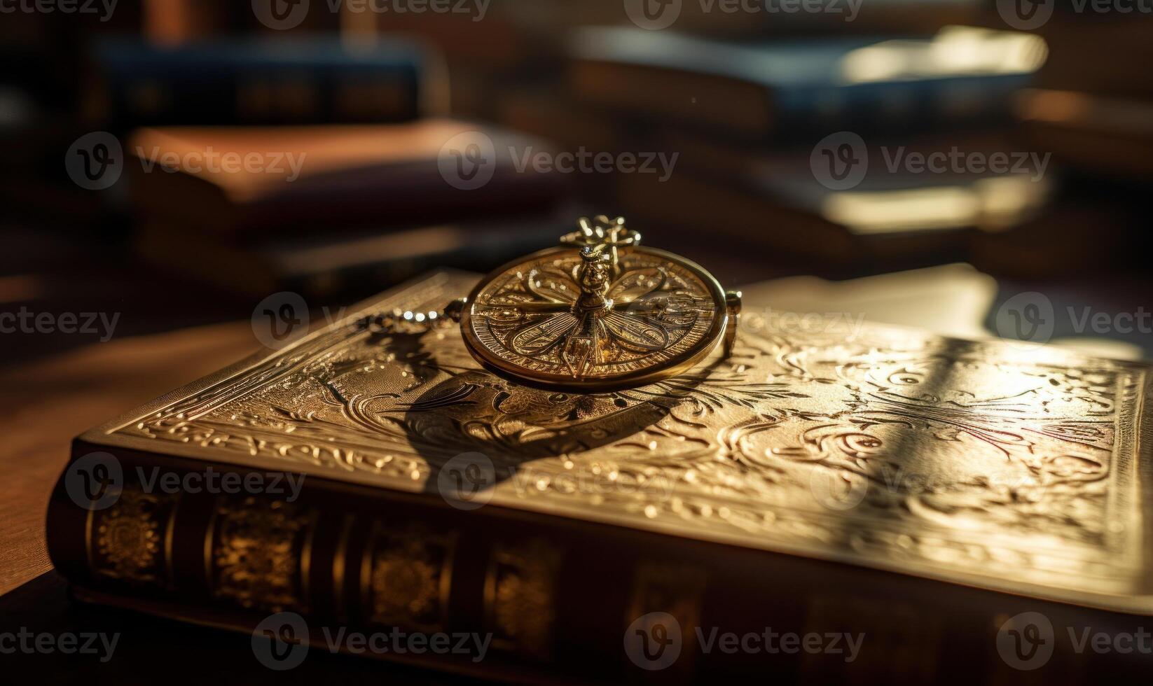 AI generated Old books on a wooden table in the library, lit by the sun photo