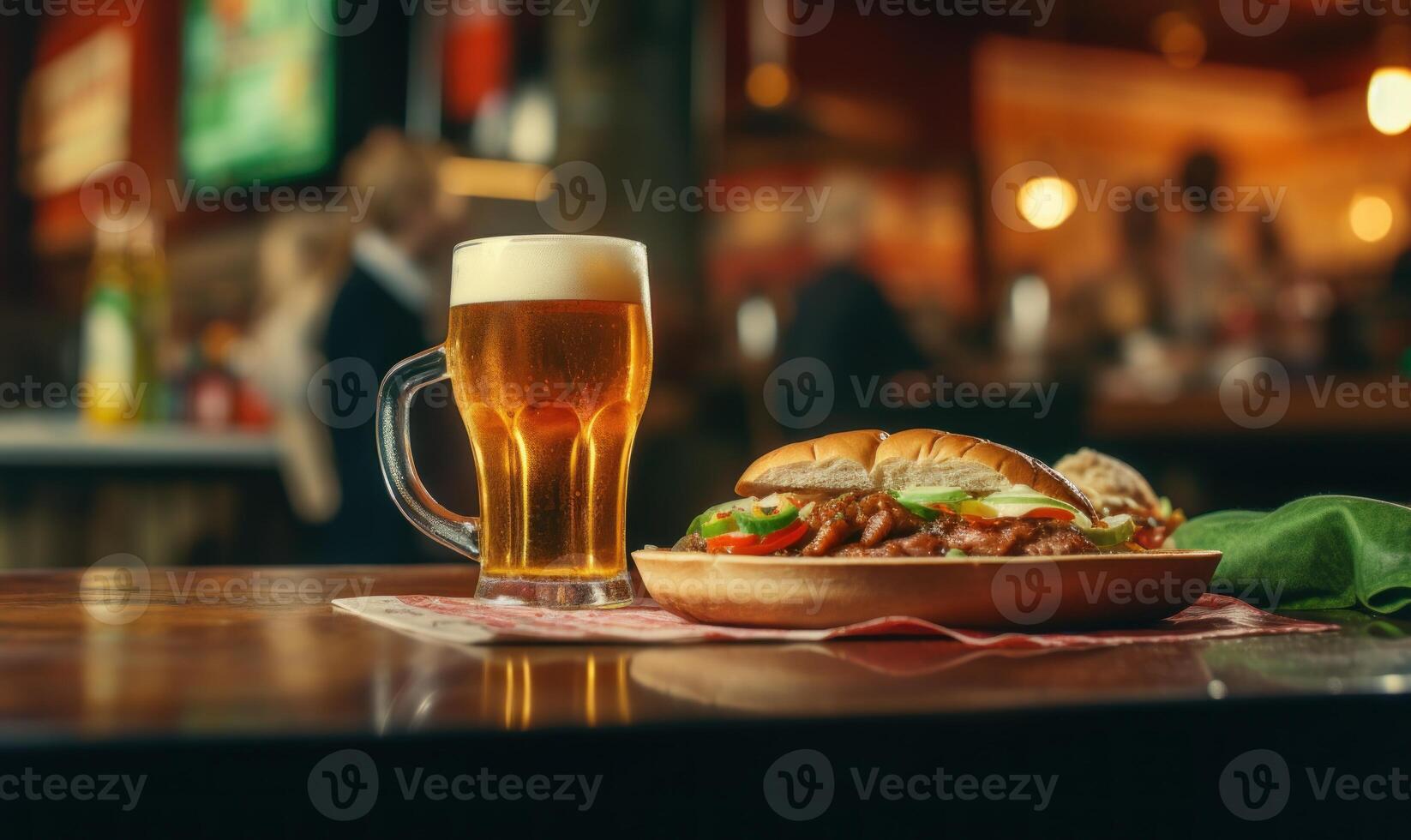 ai generado carne de vaca hamburguesa con francés papas fritas y un vaso de cerveza en un pub foto