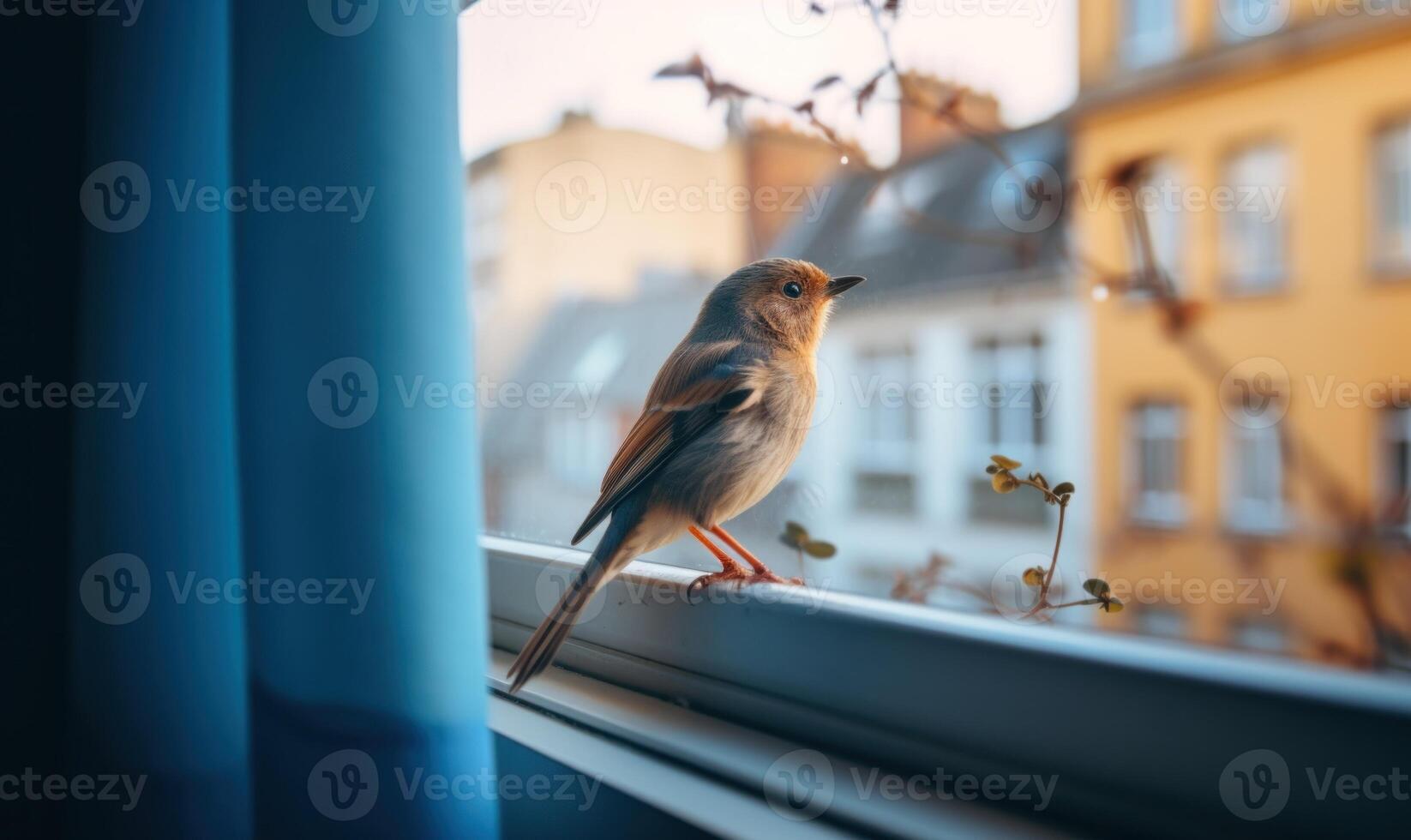 ai generado un pequeño pájaro se sienta en el antepecho y mira fuera el ventana foto