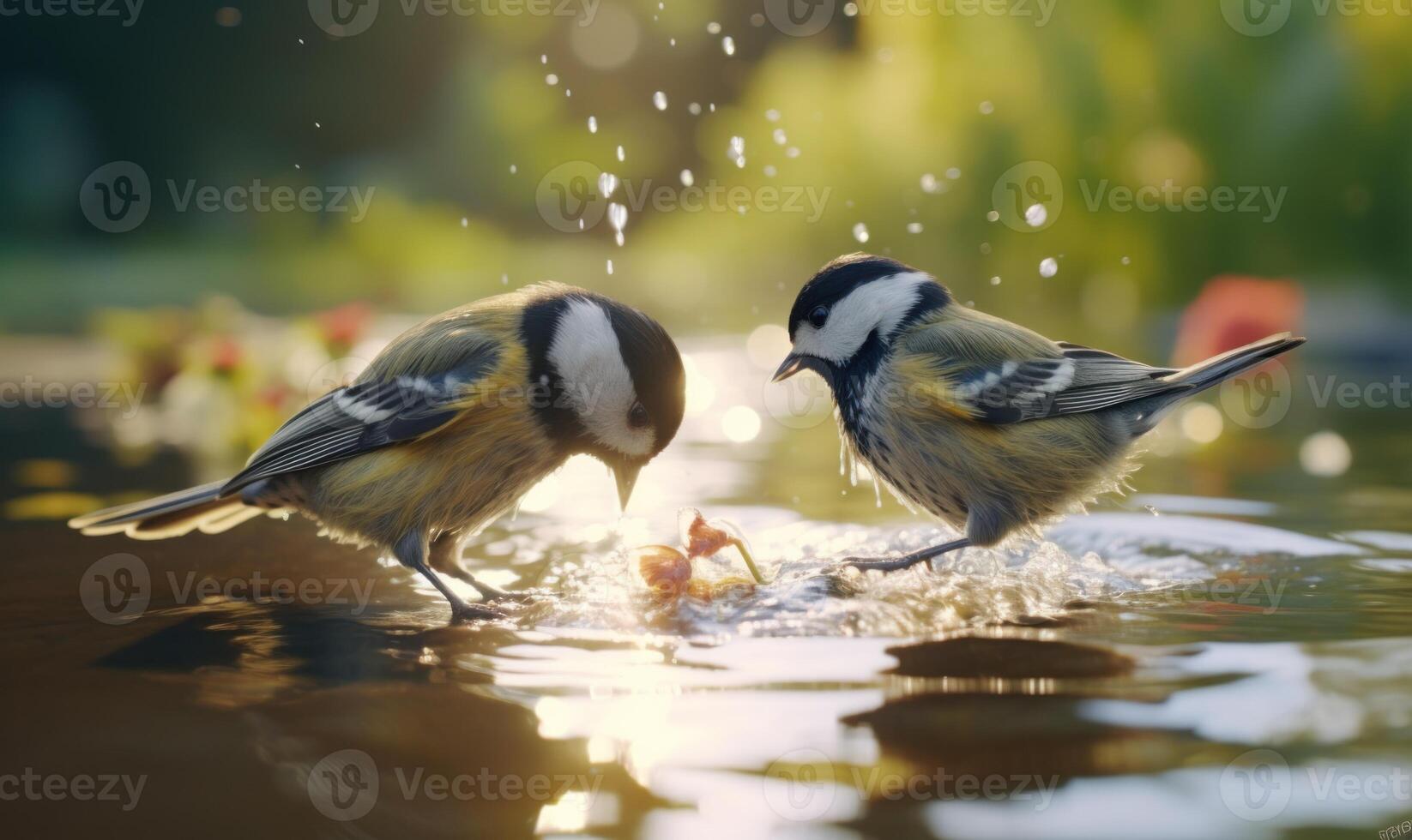 AI generated Two blue tit birds sitting in water photo