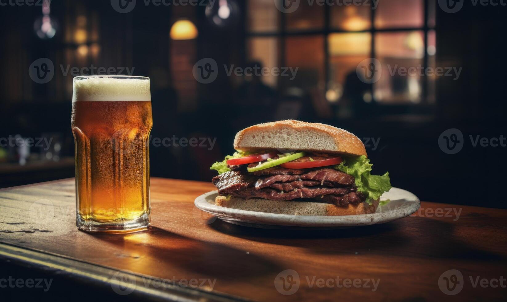 ai generado un hamburguesa y un vaso de cerveza en un de madera mesa en un pub foto