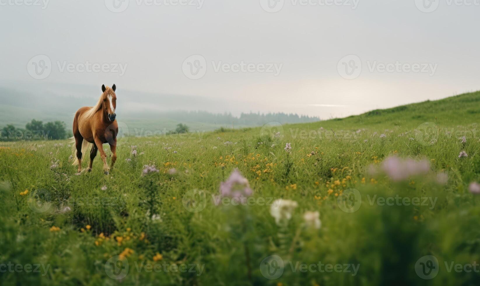 AI generated Horse in the meadow on a foggy summer morning. photo
