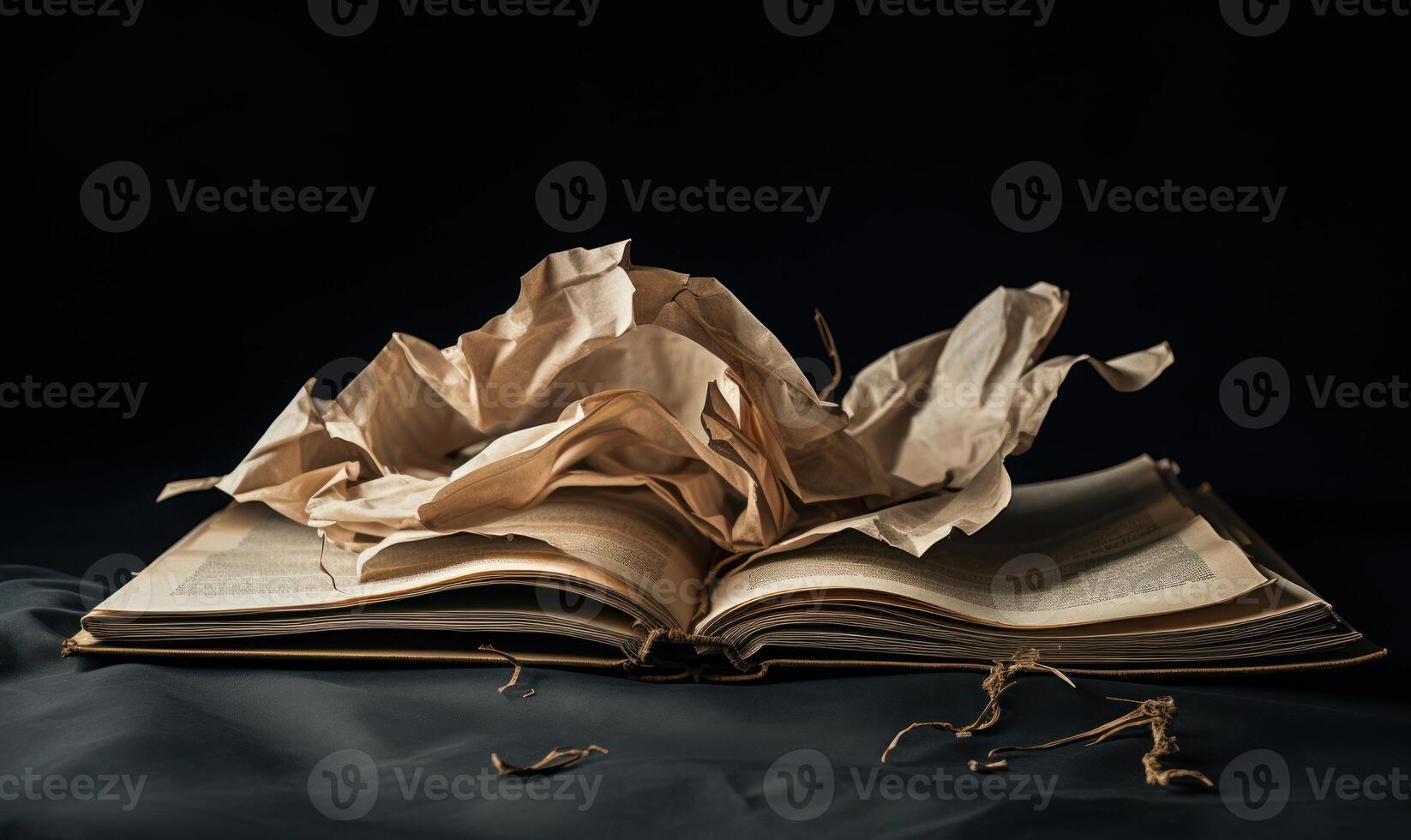 AI generated Open book with crumpled paper on a black background. photo
