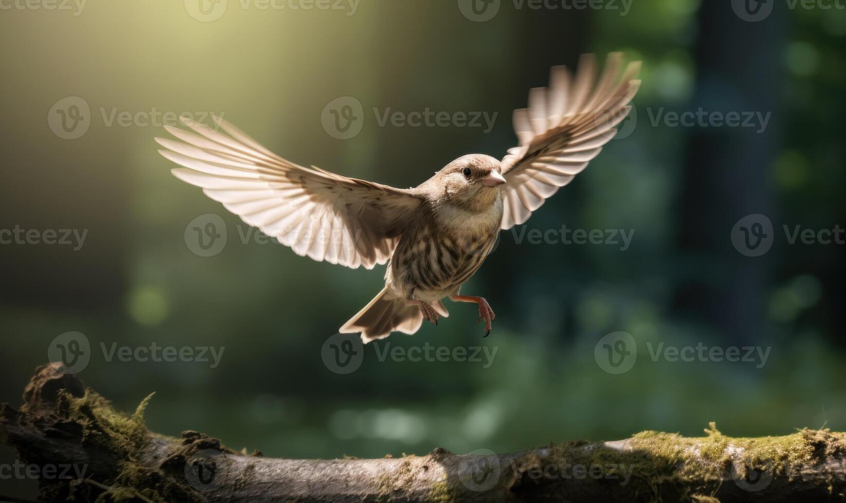 AI generated Close-up portrait of a sparrow in flight on a sunny day photo