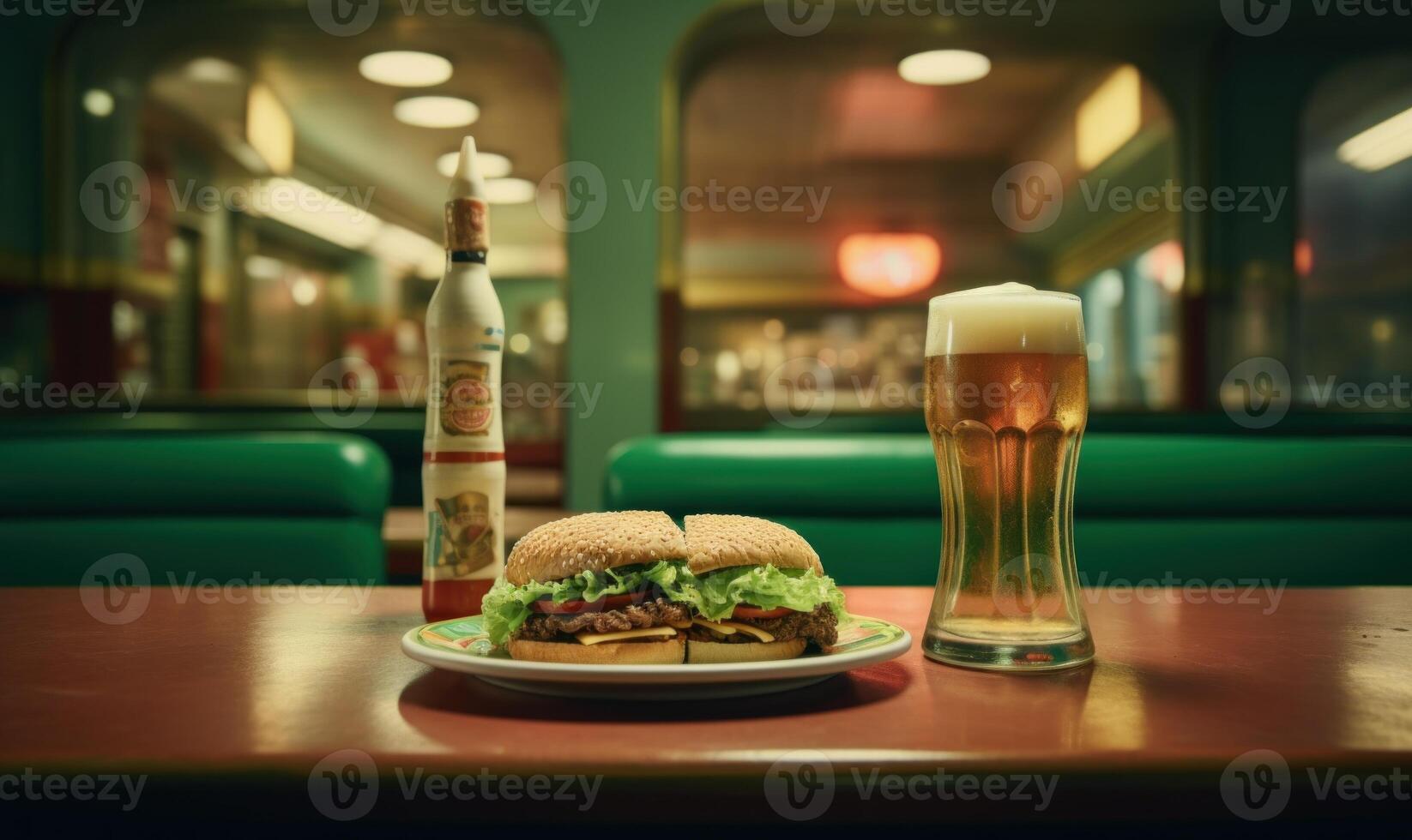 AI generated Hamburger with a glass of beer on a table in a pub photo