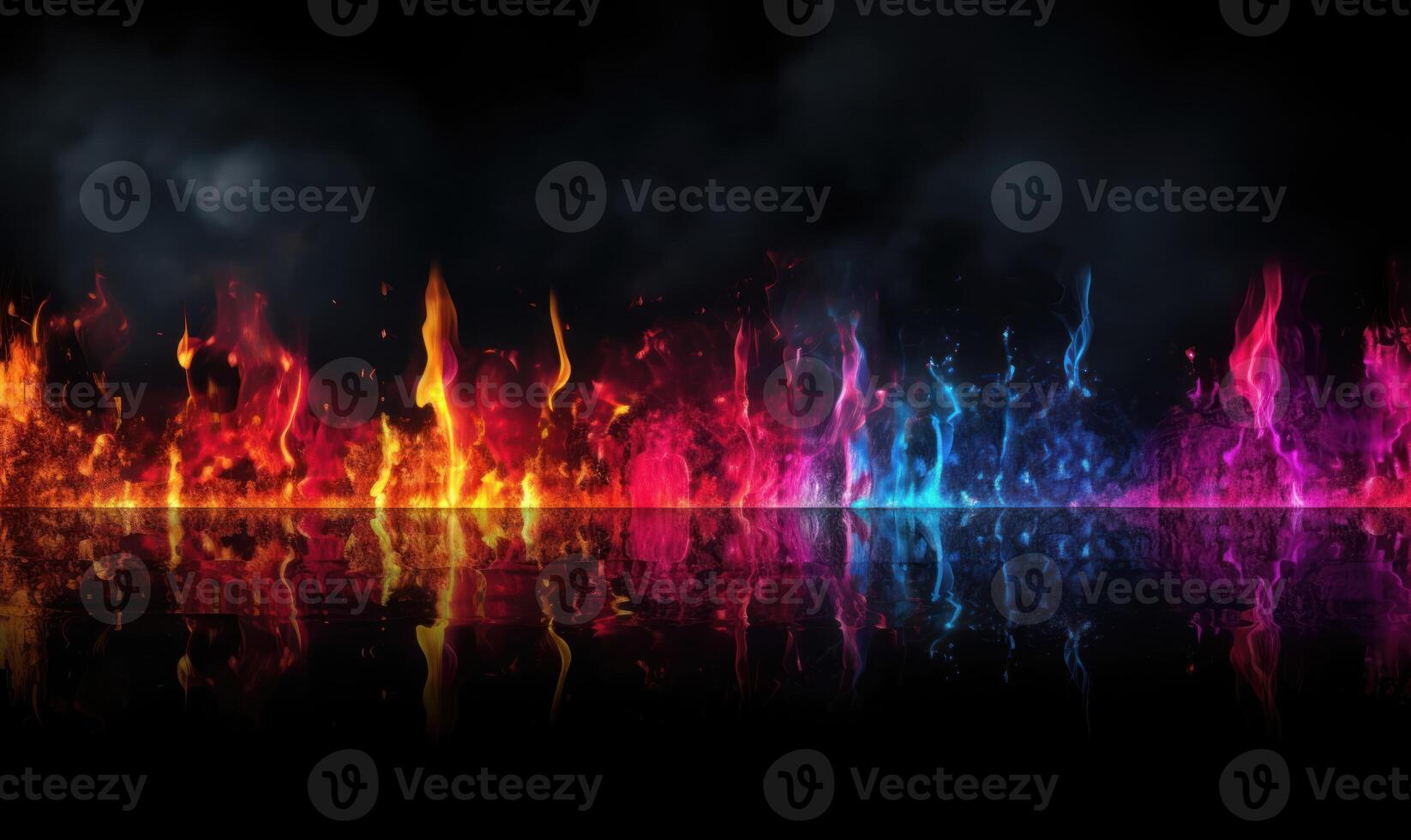 AI generated Fire flames on black background. Colorful fire flames with reflection on water. photo