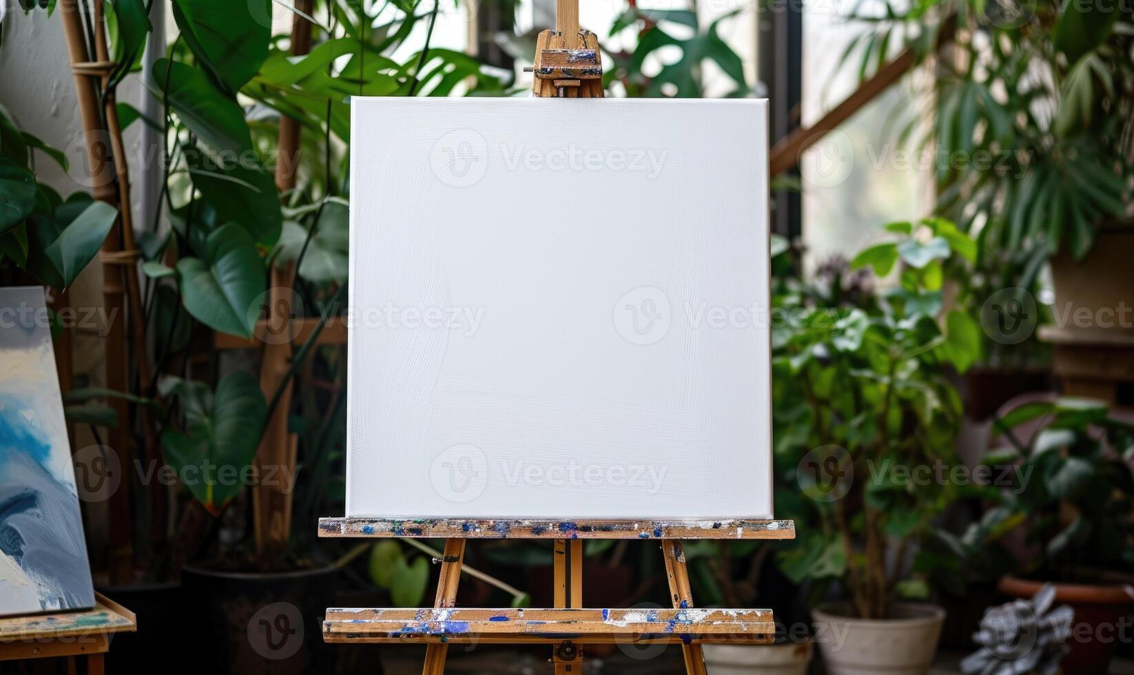 ai generado un caballete con un blanco blanco lona en un Arte estudio foto