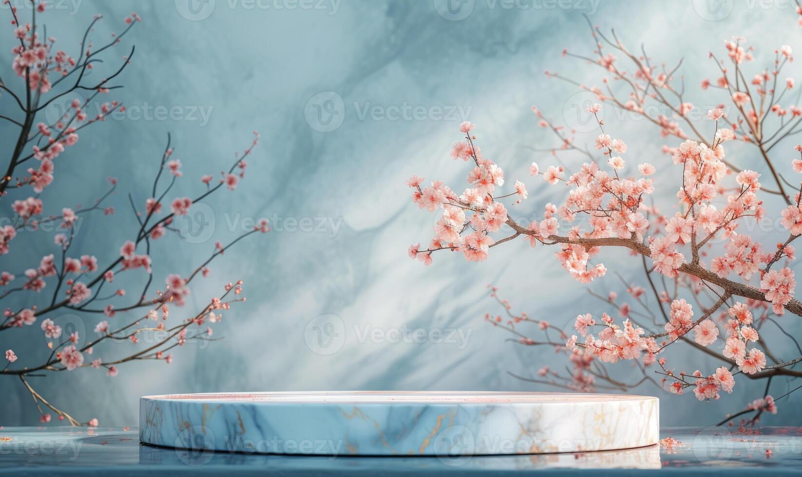 AI generated cherry blossom tree branches and marble on blue background photo
