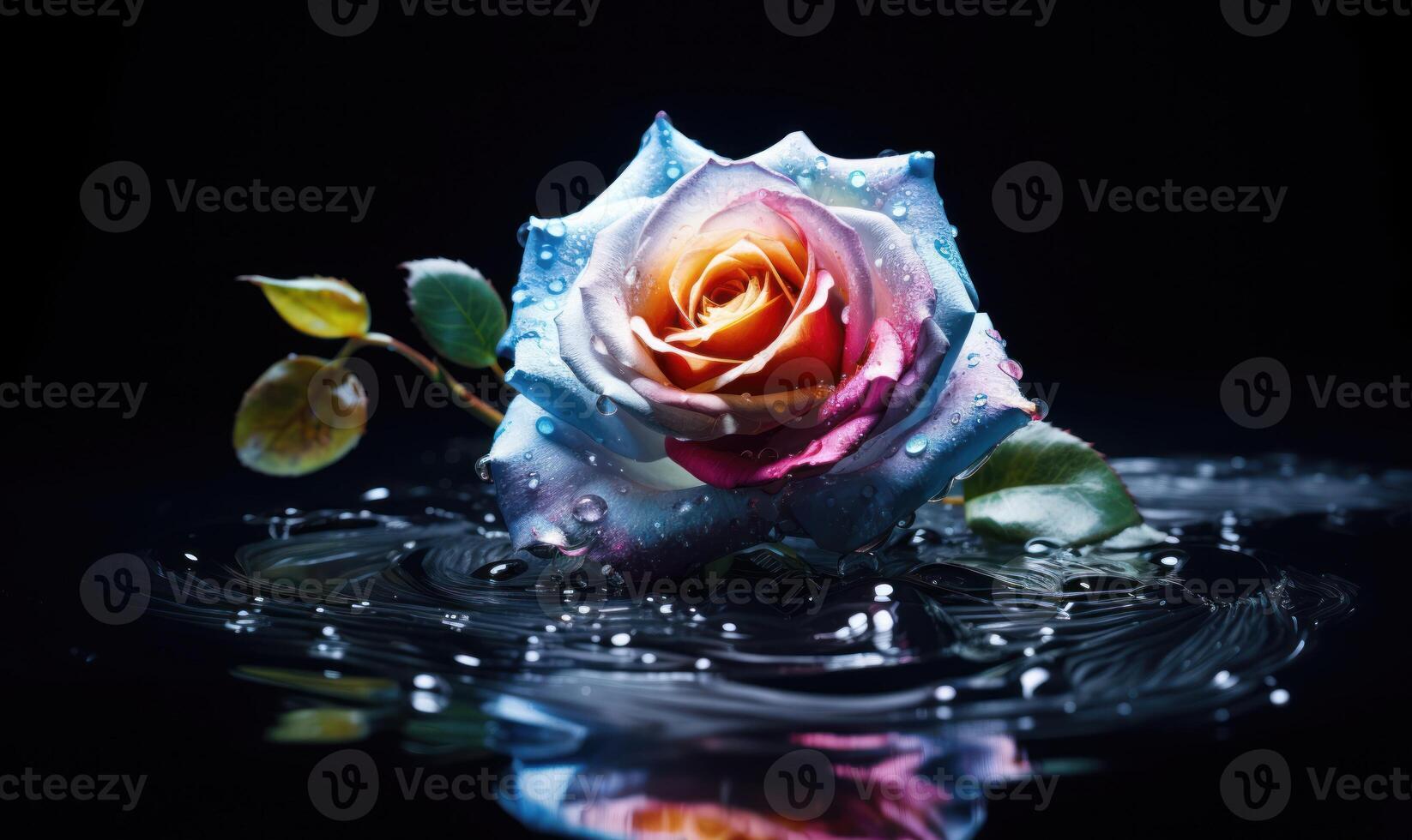 ai generado hermosa arco iris de colores Rosa con agua gotas y ondas foto