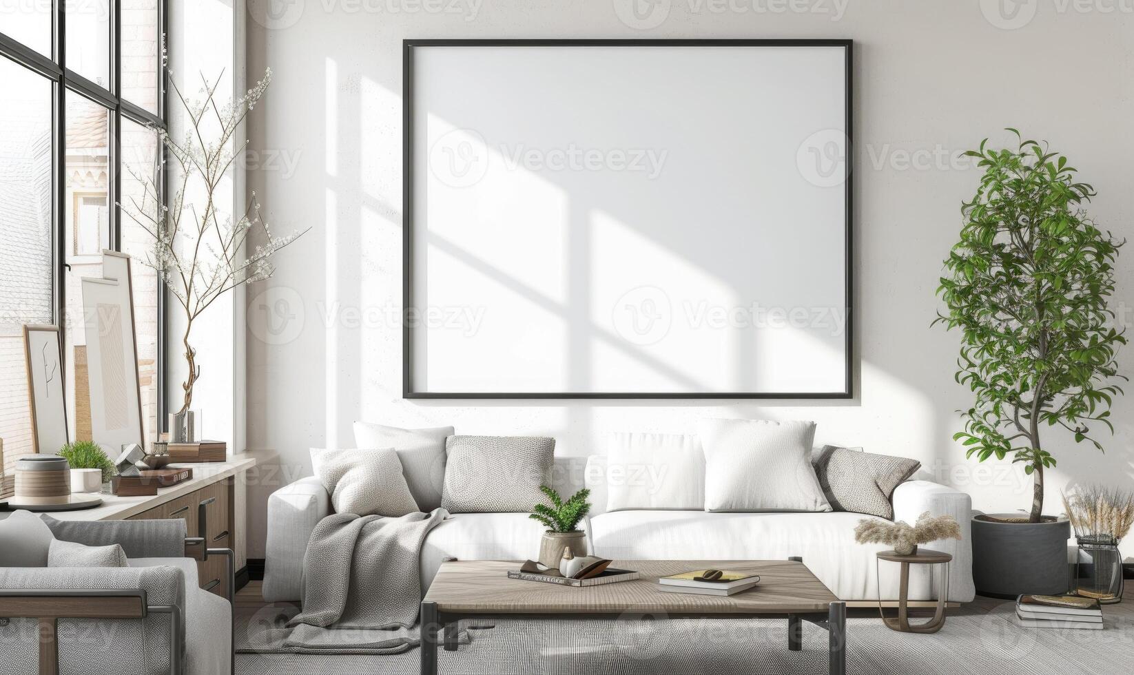 AI generated Living room interior with white sofa, coffee table, coffee table and horizontal mock up poster frame. photo