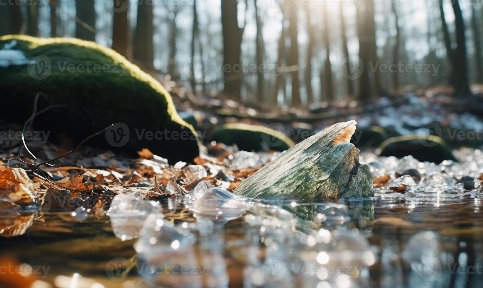 AI generated Fallen leaves in the ice on the river in the winter forest photo