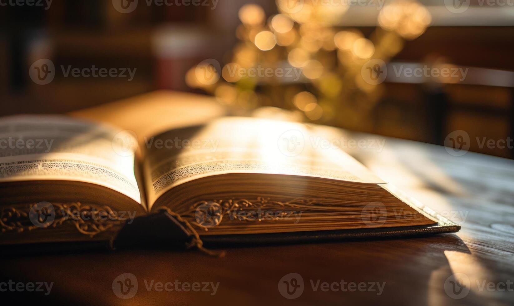 AI generated Open book on a wooden table, lit by the rays of the sun photo