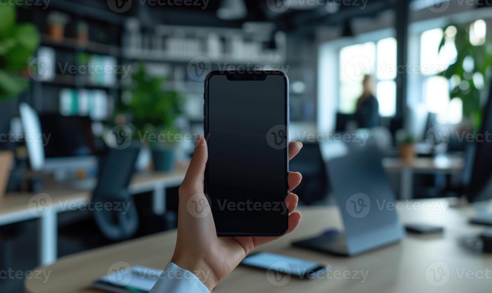 AI generated Cropped image of young businesswoman using smartphone while sitting at desk in office. Mockup photo