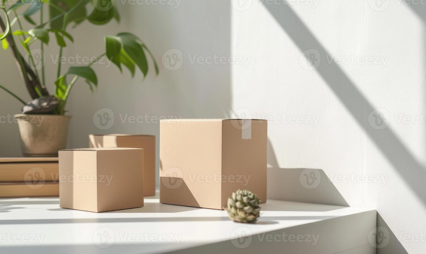 AI generated Set of cardboard boxes on a white table. Mockup. Delivery concept background. photo