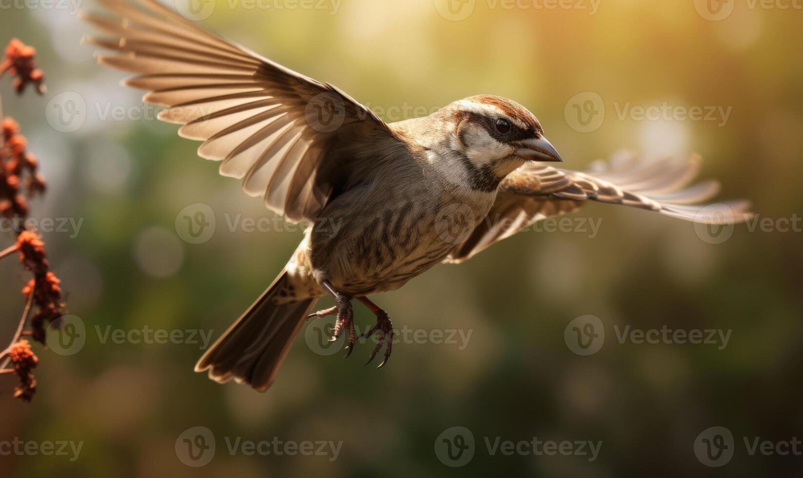 AI generated Close-up portrait of a sparrow in flight on a sunny day photo